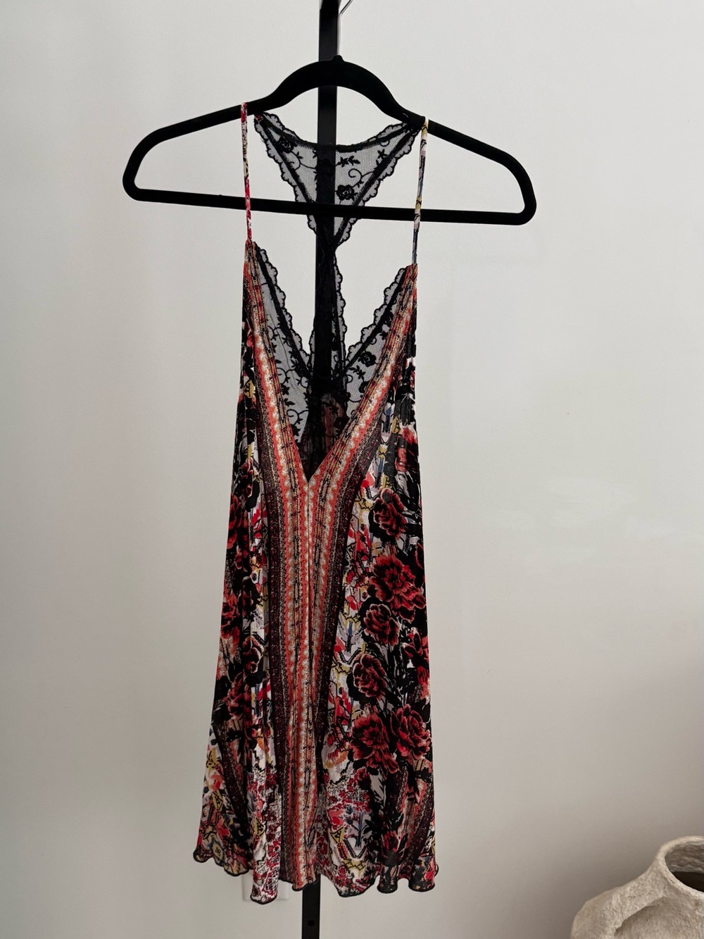 Free People Lace-Trim Printed Slip Dress in Black, Red and Cream